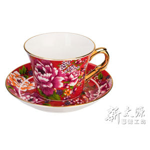 《Xintaiyuan》 (Taiwan flower cloth pattern) New Peony Coffee Cup Set -Gold- (Red) 《Taiwanese Souvenir》