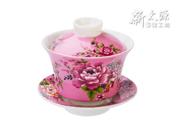 《Xintaiyuan》 (Taiwan flower cloth pattern) Safflower Kung Fu Cup - New Peony Tea Bowl -Gold- (Pink) 《Taiwanese Souvenir》