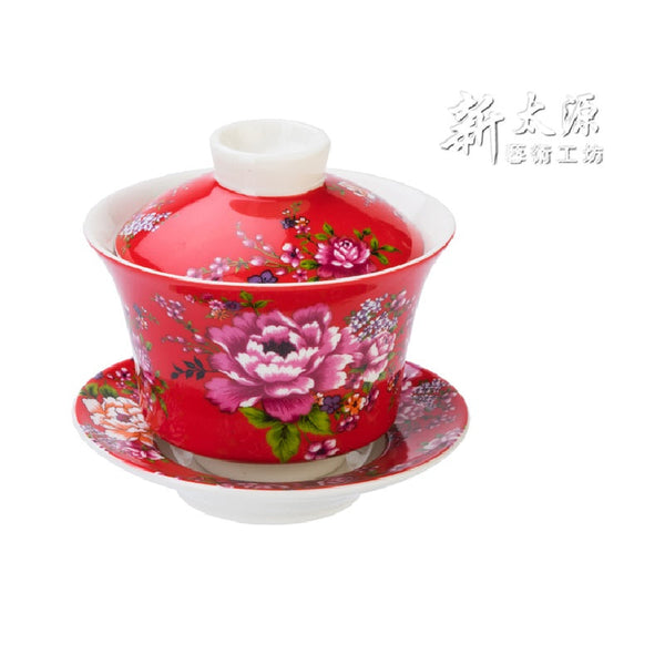 《Xin Taiyuan》 (Taiwan flower cloth pattern) Benihana Kung Fu Cup - New Peony Tea Bowl -Gold- (Red) 《Taiwanese Souvenir》