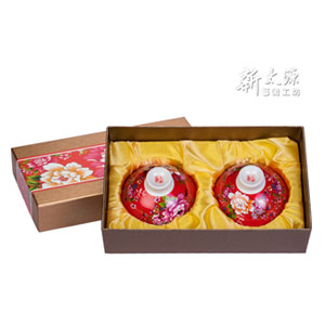 《Xintaiyuan》 (Taiwan flower cloth pattern) Safflower Shuangyu Hikyo Cup (Safflower bowl/pairing set - red) 《Taiwanese souvenir》