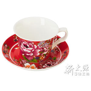 新太源》（台湾花布柄）新牡丹珈琲カップセット - （レッド
