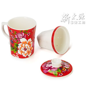 《Xintaiyuan》 (Taiwan flower cloth pattern) Three safflower cups (safflower single cup - tea strainer included - red) 《Taiwan souvenir》