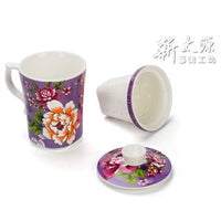 《Xintaiyuan》 (Taiwan flower cloth pattern) Three safflower cups included (safflower single cup - tea strainer included - purple) 《Taiwan souvenir》