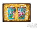 《新太源》（台湾花布柄）紅花三件杯雙入 （紅花ペアリングカップ-茶こし付-青） 《台湾 お土産》