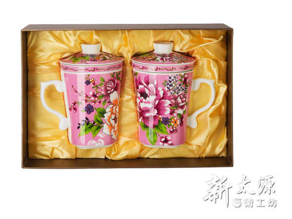 《Xintaiyuan》 (Taiwanese flower cloth pattern) Three safflower cups with straw (Safflower pairing cup - with tea strainer - pink) 《Taiwan souvenir》