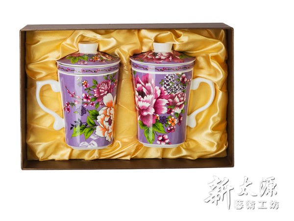 《Xintaiyuan》 (Taiwan flower cloth pattern) Three safflower cups with straw (Safflower pairing cup - with tea strainer - purple) 《Taiwan souvenir》