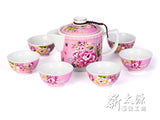 《Xintaiyuan》 (Taiwanese flower cloth pattern) One pot of safflower, six cup pot (safflower six cup flower pot gift - pink) 《Taiwan souvenir》