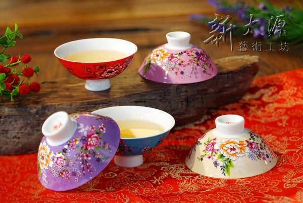 《新太源》（台湾花布柄）紅花五入響杯 （紅花茶碗・５個セット） 《台湾 お土産》