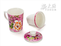 《Xintaiyuan》 (Taiwanese flower cloth pattern) Three safflower cups with straw (Safflower pairing cup - with tea strainer - pink) 《Taiwan souvenir》