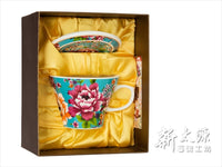 《新太源》（台湾花布柄）紅花貴族杯 （紅花ノビリテイカップ付-青） 《台湾 お土産》