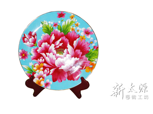 《Xintaiyuan》 (Taiwan flower cloth pattern) Safflower exhibition board (Benihana large plate - blue - 12 inches) 《Taiwan souvenir》