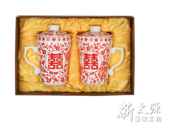《Shin Taiyuan》 (Joy series) Shuang Ki Ki Sankei Cup with Shuang (Double Happiness - Pairing Cup - Comes with tea strainer) 《Taiwanese Souvenir》